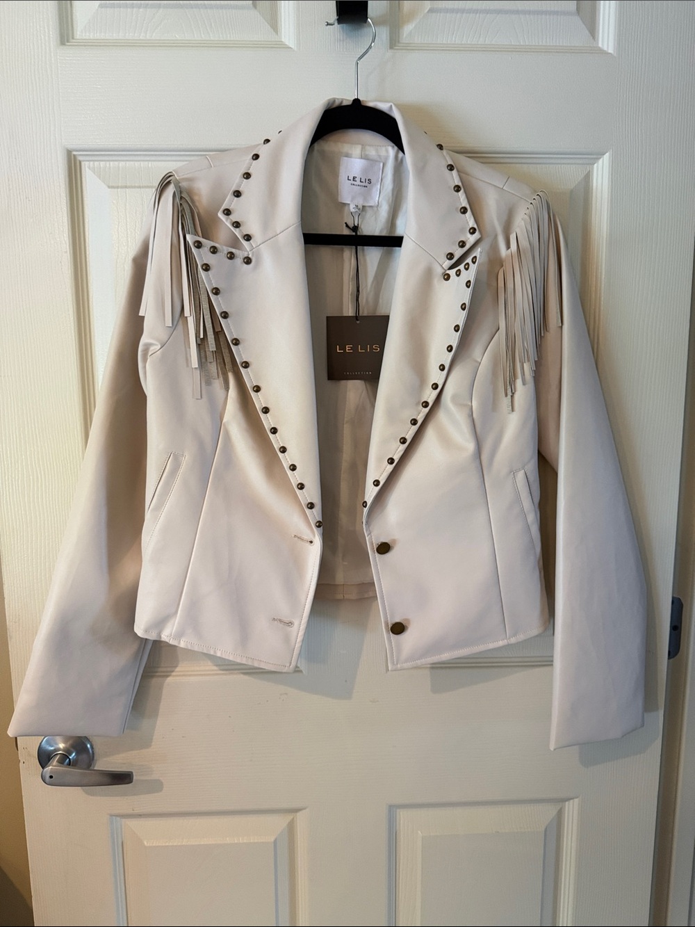 Le Lis Cream Fringe Studded Moto Jacket - Soft Cream Leather